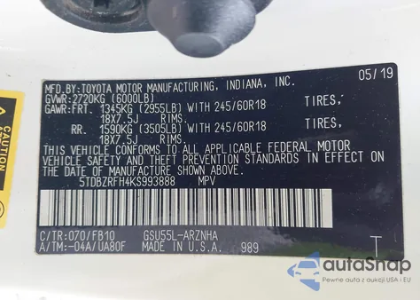 2019 Toyota Highlander Le from USA, damaged, VIN 5TDBZRFH4KS993888